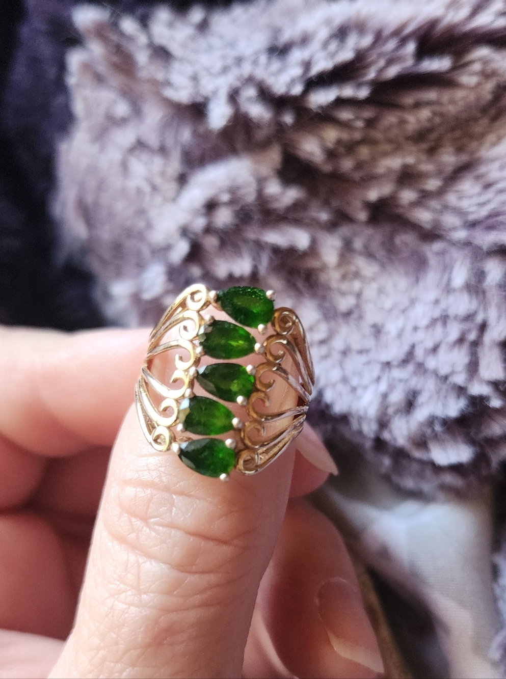 Gold Tone Women’s Ring with Green Gemstones